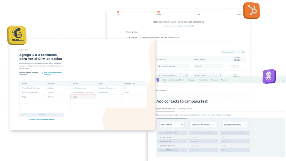 Bulk contact import compared across Mailchimp, HubSpot, Twilio, Email Octopus, and Mailer Lite: import method, feedback model, error handling.
