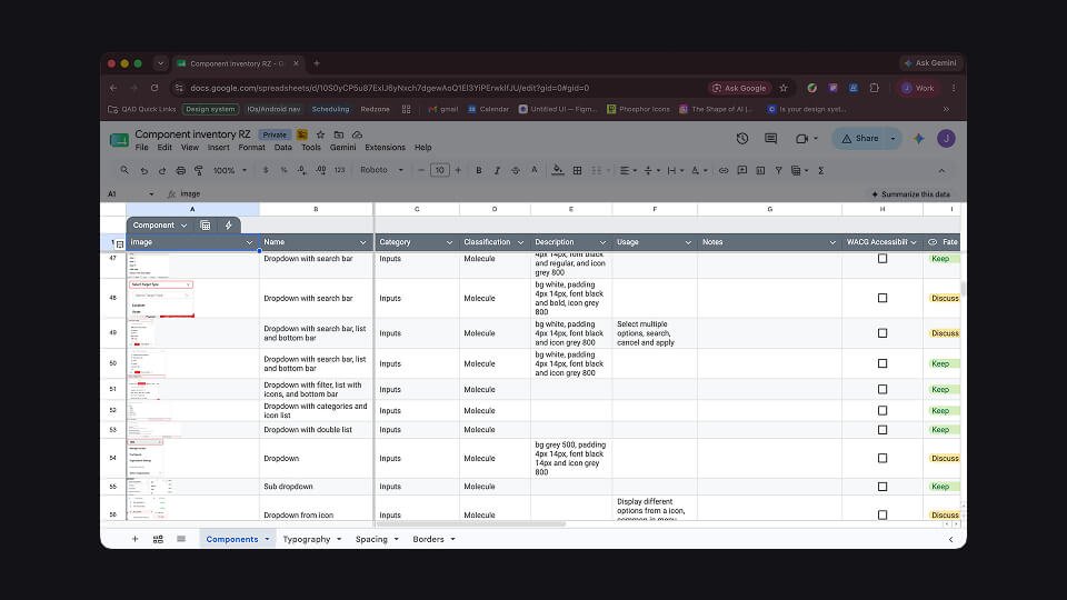 The audit inventory. Every interface part logged by category, classification, description, WCAG status, and what happened to it.
