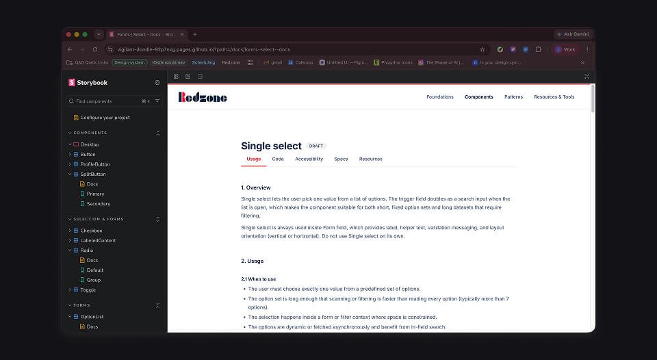 The Storybook documentation format. A stable component with its Usage, Code, Accessibility, Specs, and Resources tabs.